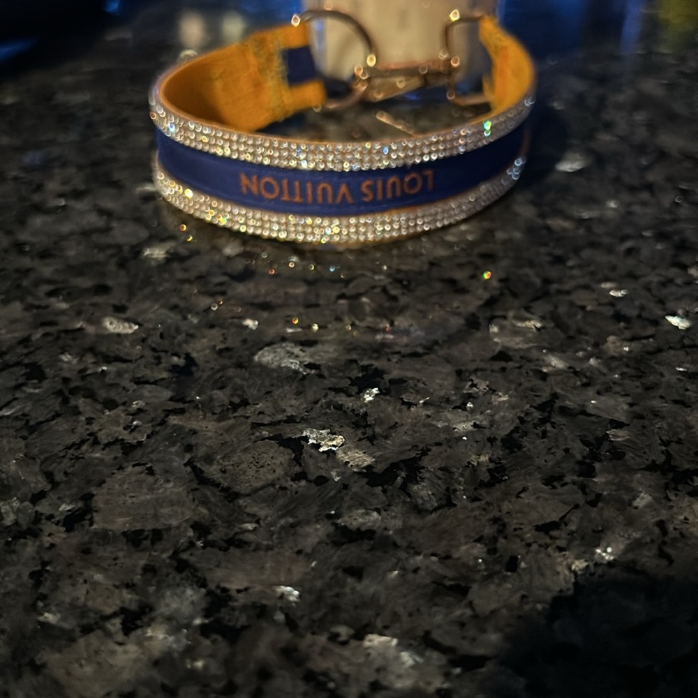 Handmade Dog Necklace golden color hardware,rhinestones designer LV ribbon.